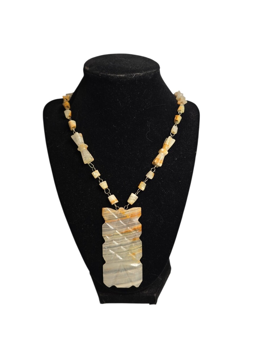Vintage Boho Tribal Hand Carved Onyx / Marble Pendant Necklace 25"